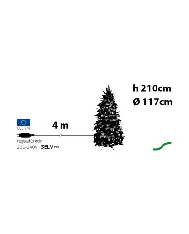 Abete realizzato in pvc+pe, altezza  210 cm, con 500 led bianco caldo, diam. 117 cm Abete realizzato in pvc+pe, altezza  210 cm, con 500 led bianco caldo, diam. 117 cm