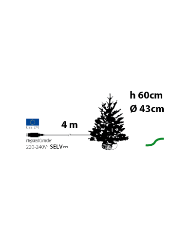 abete alpino realizzato in pvc+pe, h.60 cm, diam. 43 cm, 90 led, bianco caldo, con juta alla base abete alpino realizzato in pvc+pe, h.60 cm, diam. 43 cm, 90 led, bianco caldo, con juta alla base