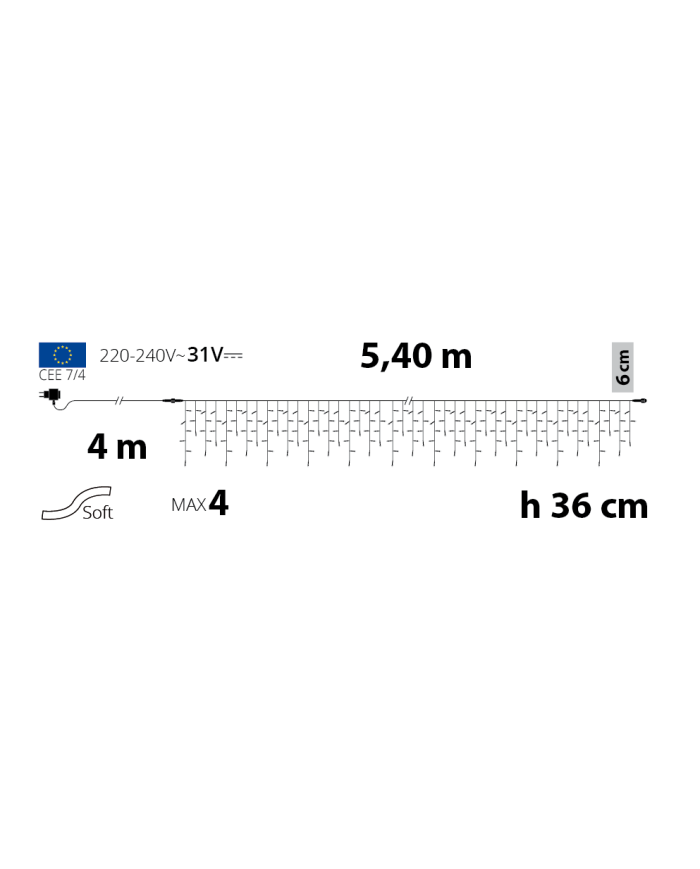 tendina icelight 360 led, cavo 4 mt, 540x36 cm, col. bianco caldo, interno/esterno