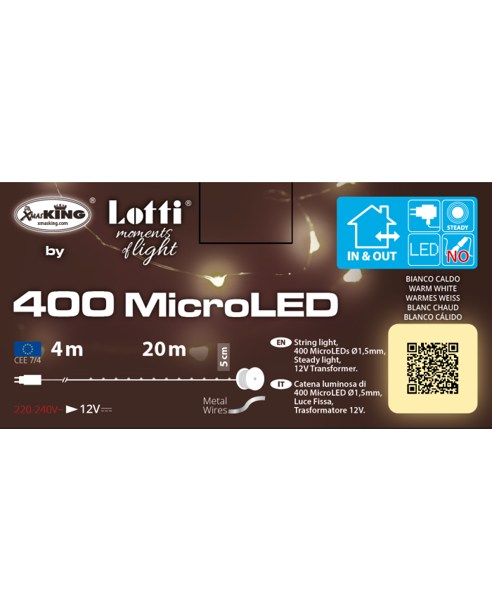 Catena 400 microled su cavo in metallo facilmente modellabile, bobina 4+20 m, col. bianco caldo, int/est