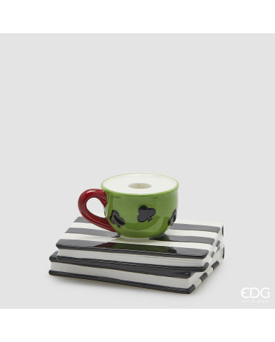 Portacandela tazza-libro, h. 10 cm, l. 17 cm, col. bianco/nero/verde, ceramica - edg Portacandela tazza-libro, h. 10 cm, l. 17 cm, col. bianco/nero/verde, ceramica - edg