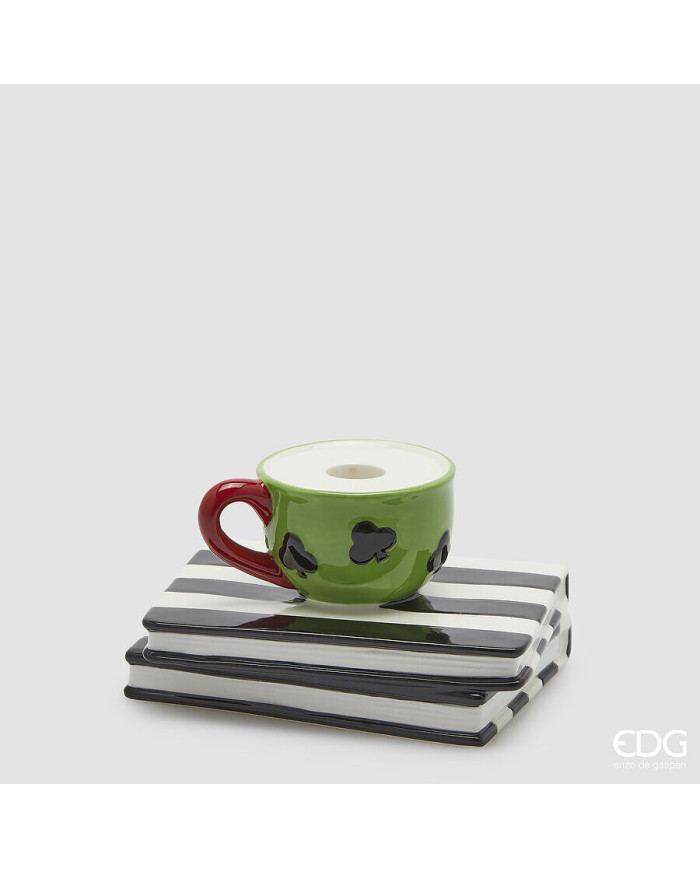Portacandela tazza-libro, h. 10 cm, l. 17 cm, col. bianco/nero/verde, ceramica - edg Portacandela tazza-libro, h. 10 cm, l. 17 cm, col. bianco/nero/verde, ceramica - edg