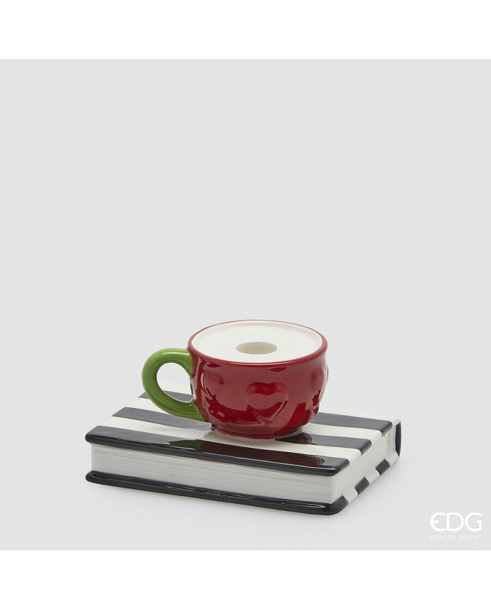 Portacandela tazza-libro, h. 10 cm, l. 17 cm, col. bianco/nero/rosso, ceramica - edg Portacandela tazza-libro, h. 10 cm, l. 17 cm, col. bianco/nero/rosso, ceramica - edg