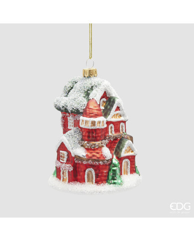 Addobbo Casetta, vetro, h. 12 cm, col. bianco rosso Addobbo Casetta, vetro, h. 12 cm, col. bianco rosso