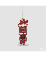 Addobbo cassetta posta, vetro, h. 14 cm, col. rosso verde