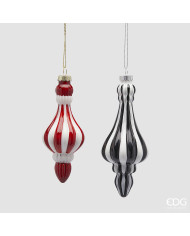 Addobbo fuso a scacchi, vetro, 2 ass., h. 14 cm, col. bianco nero rosso(il prezzo fa riferimento al singolo pezzo)