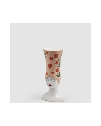 Vaso ceramica donna con fiori h33x16x13 cm col. pesca