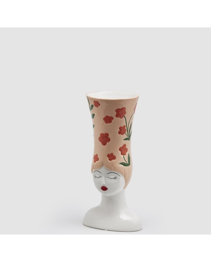 Vaso ceramica donna con fiori h33x16x13 cm col. pesca